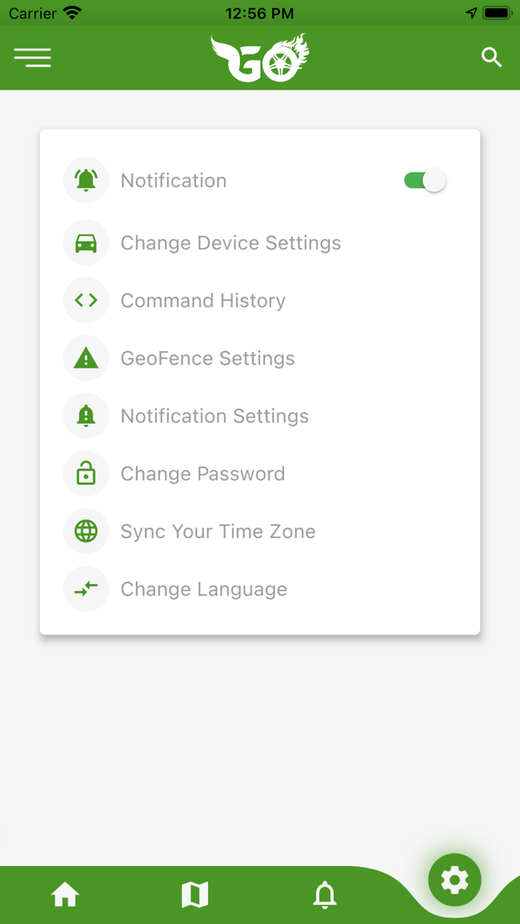 GoTrack app device settings including geo-fence, command history and alerts